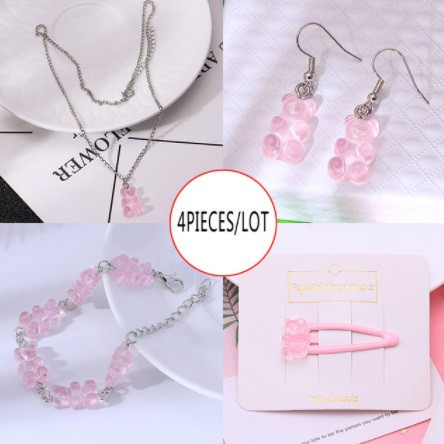 Мишки украшения (набор), светло-розовые - в набор входит браслет, кулон, серьги, заколка, материал смола Киев - изображение 1