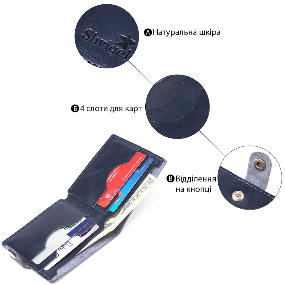 Компактное кожаное портмоне для мужчин Shvigel 16465 Синий Киев - изображение 7