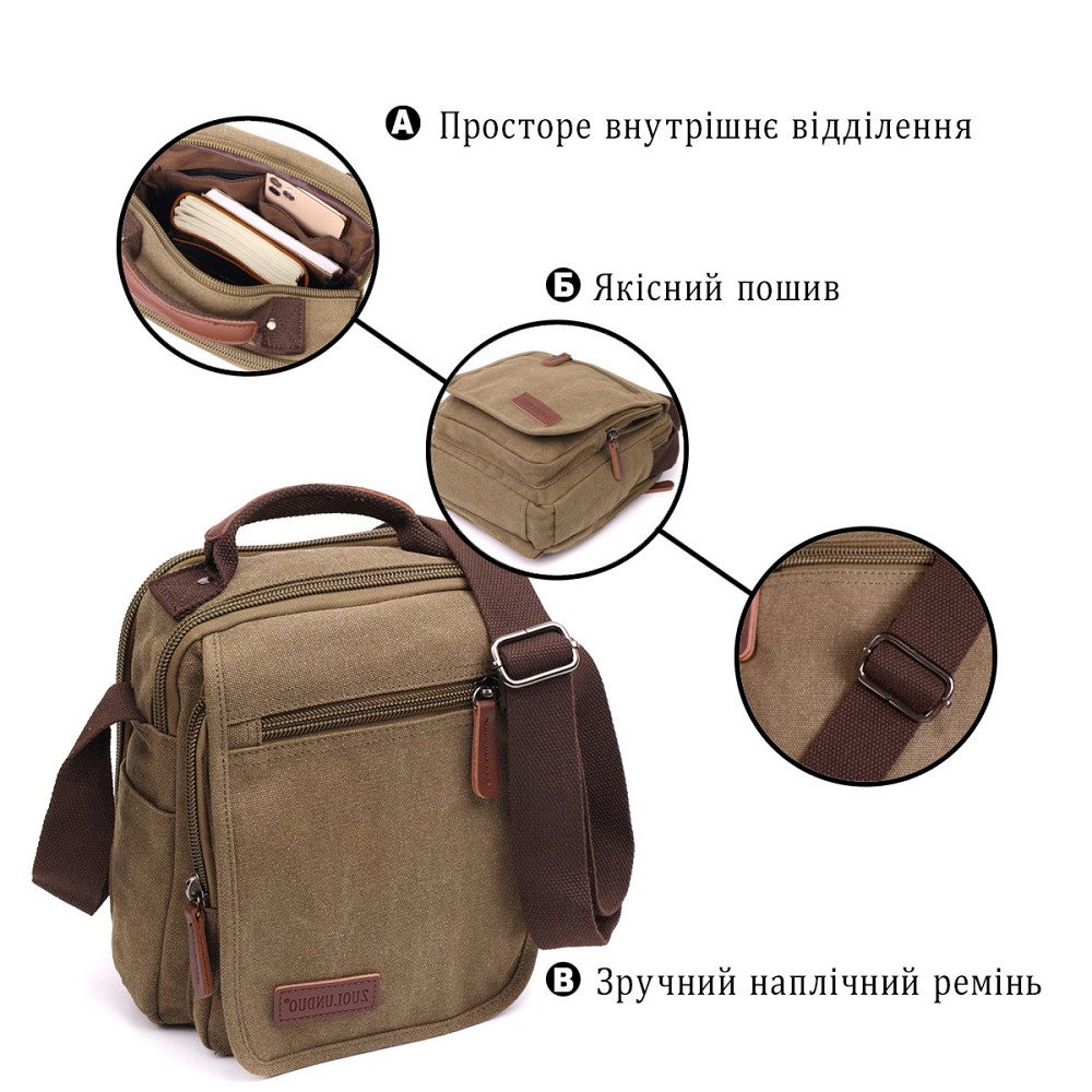 Сумка листоноша на плече із щільного текстилю Оливковий (Vintage) Київ - фото 8