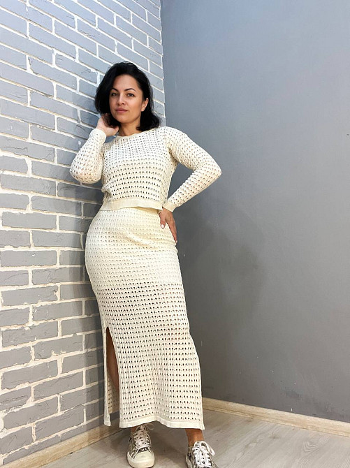 Костюм жіночий MINTAS 4204-2414 прозорий сітка ажурна в'язка реглан зі спідницею розрізи по боках one size, молочний, one size Київ - фото 1