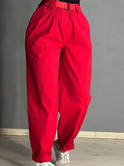 Брюки женские A-N 712 МОМ jeans широкие бананы облегченный тонкий коттон с ремнем красные, красный, L Киев - изображение 4