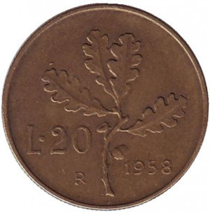 Дубова гілка. Монета 20 лір. 1957,58 рік, Італія. Полтава - фото 1