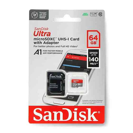 Карта пам'яті microSDXC (UHS-1) SanDisk Ultra 64Gb class 10 A1 (140Mb/s) (adapter SD) Imaging Packaging Київ