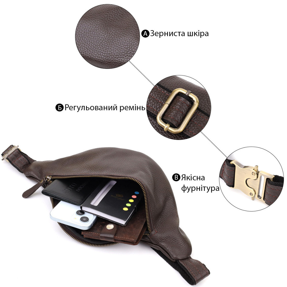 Стильная сумка бананка из зернистой натуральной кожи Shvigel 23146 Коричневый Киев - изображение 8