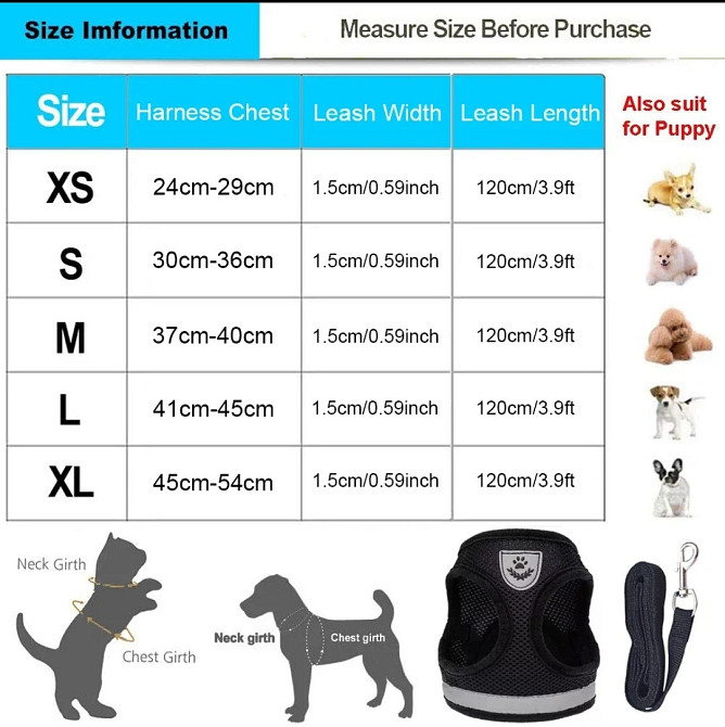 Светоотражающая шлея для собачек и кошек с поводком тканевая в сеточку S черный Киев - изображение 10