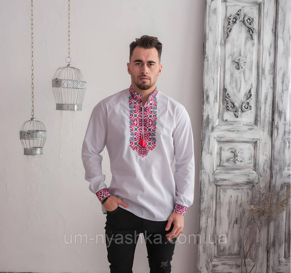 Мужская вышиванка голубая с белой вышивкой Полковник джинс Кривой Рог - изображение 4