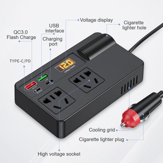 Перетворювач від прикурювача AC/DC (12/24 V) C11-A 200W/2x220В + 2хUSB (QC3.0) 2xType-C (30W) LCD Київ