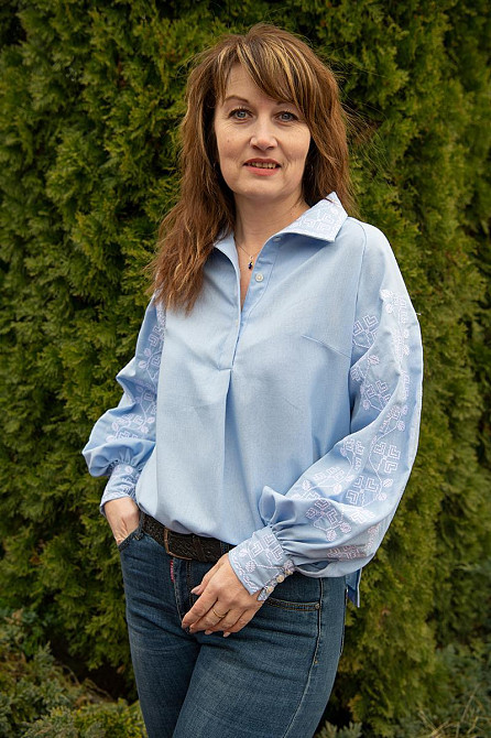 Вишиванка жіноча, лляна, блакитний, з довгим рукавом, топ Київ - фото 3