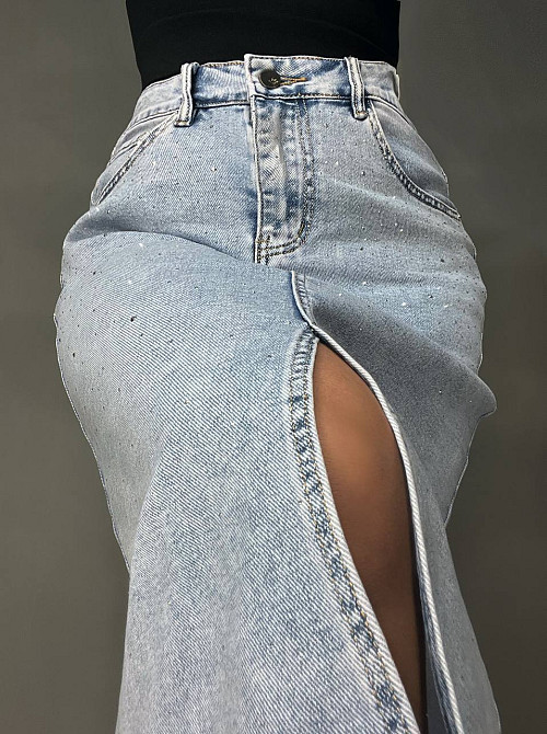 Юбка женская джинсовая Liana 421 россыпь камешков прямая разрез впереди стрейчевая большие размеры голубая, голубой, 4О, 40, 105 см, 127 см Киев - изображение 18