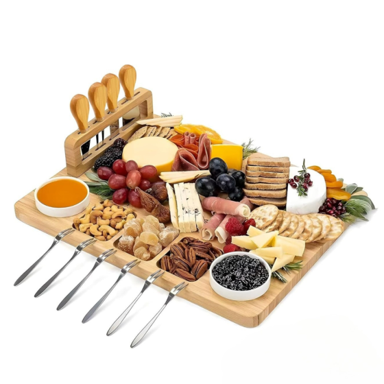 Доска деревянная,сервировочная для закусок и сыра менажница бамбуковая с набором ножей и вилок 43х33х2см Каменец-Подольский