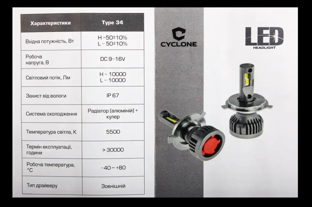 Лампа диодна HB3/9005 12 У 100000 К/50Вт/CSP3570 Cyclone з кулером Вінниця - фото 3
