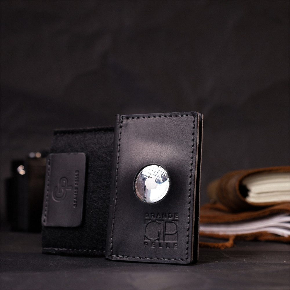 Надійний картхолдер з утримувачем для Apple AirTag з натуральної шкіри Чорний (GRANDE PELLE) Київ - фото 4