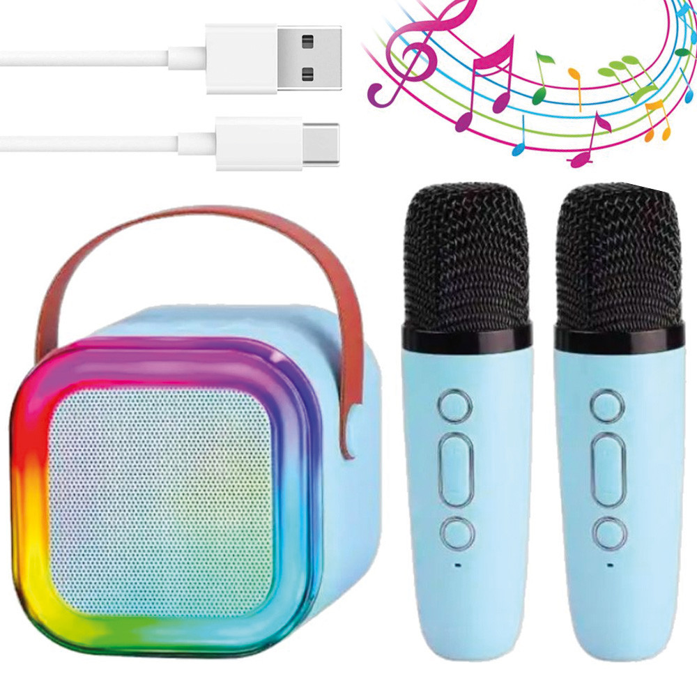 Дитяче караоке з 2 мікрофонами К12, Блакитний / Портативна колонка з RGB підсвічуванням / Бездротове міні-караоке Київ - фото 1