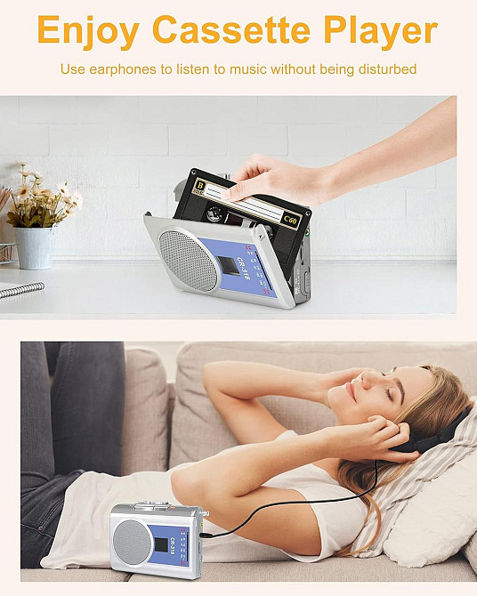 Магнитофон с AM FM портативный винтажный магнитофон с разъемом для наушников встроенный микрофон громкоговоритель для прогулок, Днепр - изображение 3