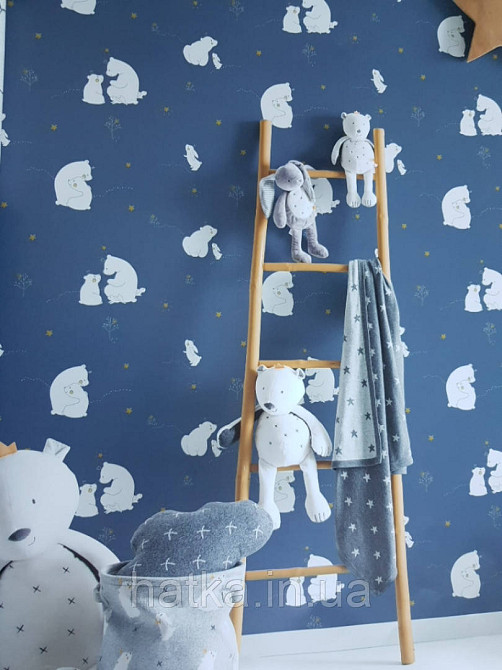 Шпалери флізелінові Decoprint еко Sweet Dreams дитячі ведмедики зайці зірки білі на темно синьому 0,53x10,05 м Київ - фото 1