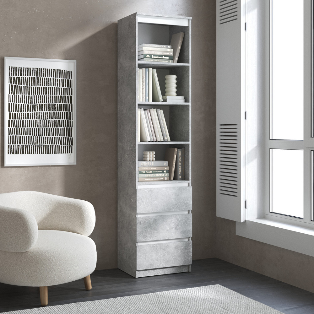 Пенал для книг VAYS R-25 Бетон-Білі планки, з відкритими полицями та шухлядами, без ручок, ЛДСП, 50×40×211 см - для вітальні, спальні, офісу Львів - фото 1