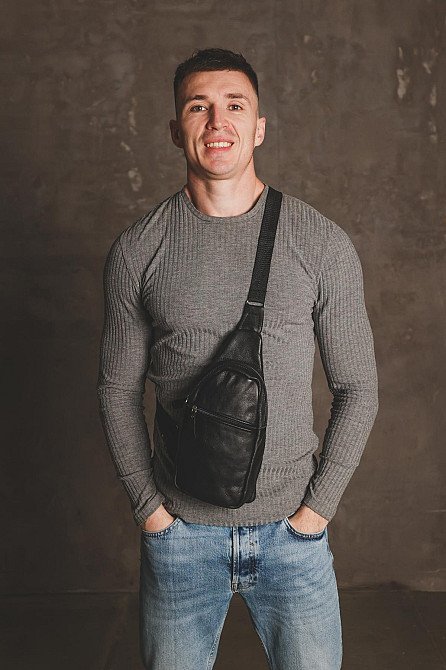 Сумка через плече шкіряна, сумка-слинг чоловіча SL014 (Чорна) Суми - фото 3