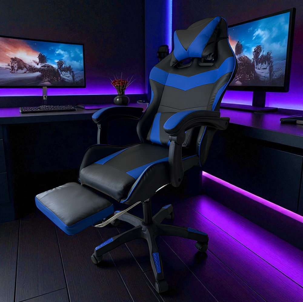 Геймерське ергономічне комп’ютерне крісло Vicotan VIP із підставкою для ніг, чорний із синім дизайном, з регулюванням нахилу спинк Львів - фото 7