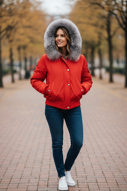 Бомбер женский с мехом блюфрост 42 Красный Харьков - изображение 3