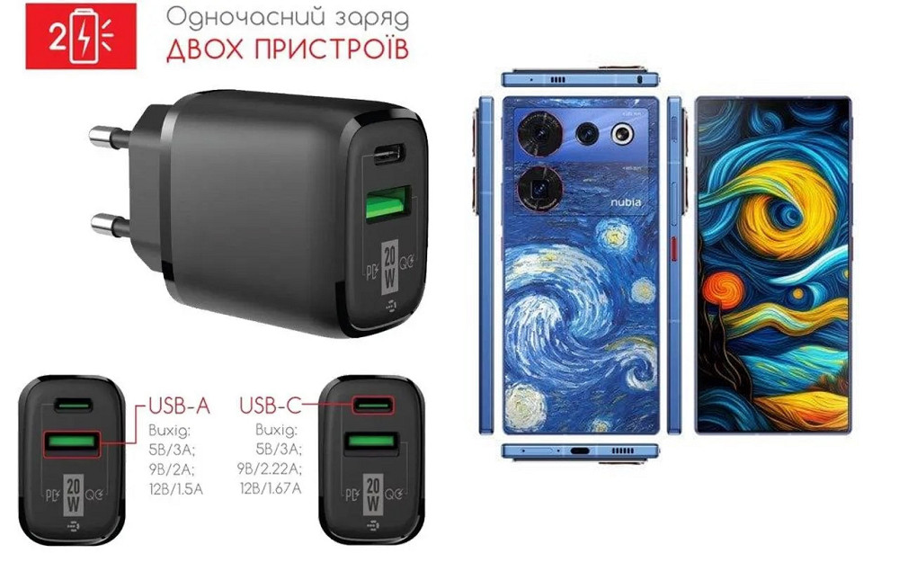 Мережевий зарядний пристрій для ZTE Nubia Z17 mini, Nubia Z17 Mini S, 20W 3A, Quick Charge 3.0 Київ - фото 1