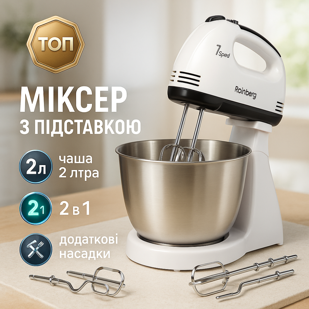 Стаціонарний електричний міксер із чашею Rainberg RB-1006 500W з насадками для замішування тіста Black MA-83 Львів - фото 19