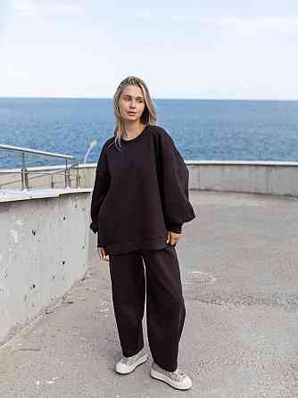 Женский оверсайз костюм: объемная кофта с трендовыми брюками бананами турецкий дабл фейс 100% хлопок Шоколад Одесса