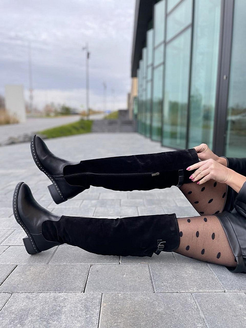 Vesna Ботфорти жіночі VESNA чорні шкіра+замша натуральна висота 53 см обхват 35-37 см розмір 39 Коломия - фото 6