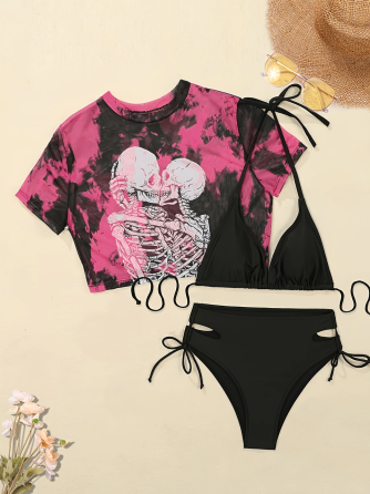 Купальник жіночий роздільний трійка з топом сіткой Чорний M Харків