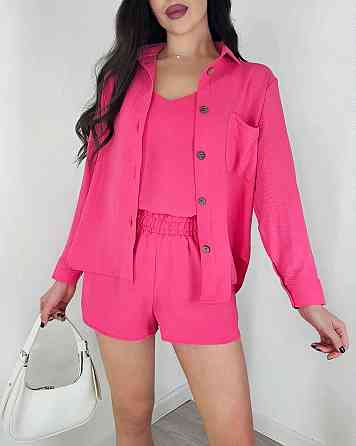 Жіночий легкий костюм-трійка: сорочка, майка та шорти креп жатка Малиновий, 44/46 Одеса