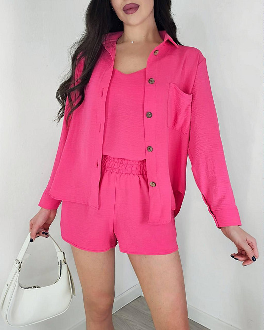Жіночий легкий костюм-трійка: сорочка, майка та шорти креп жатка Малиновий, 44/46 Одеса - фото 1