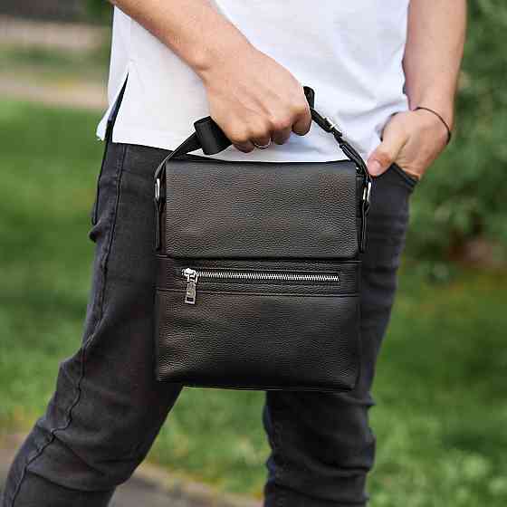 Кожаная мужская сумка-месенджер через плечо черная Tiding Bag 56230 Каменское