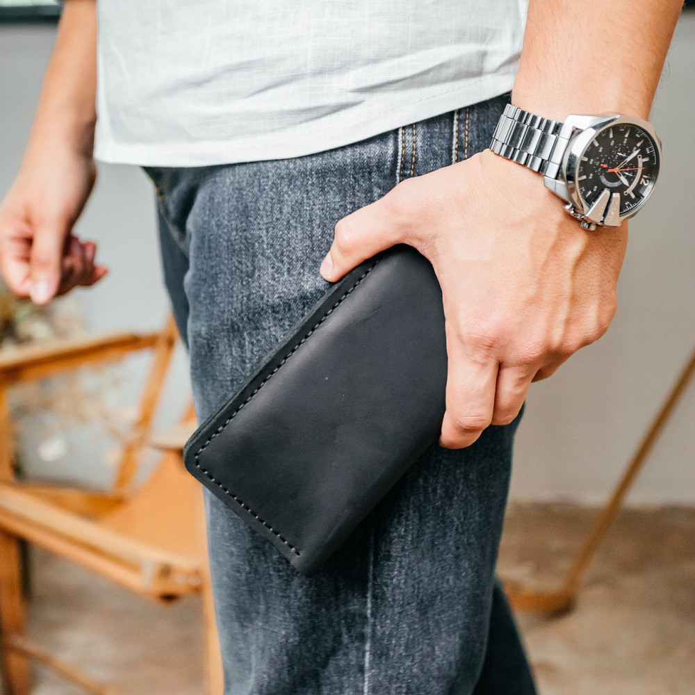 Чоловічий гаманець із натуральної шкіри Crazy Horse, місткий гаманець на кнопках, чорнийMasterSem Київ - фото 5