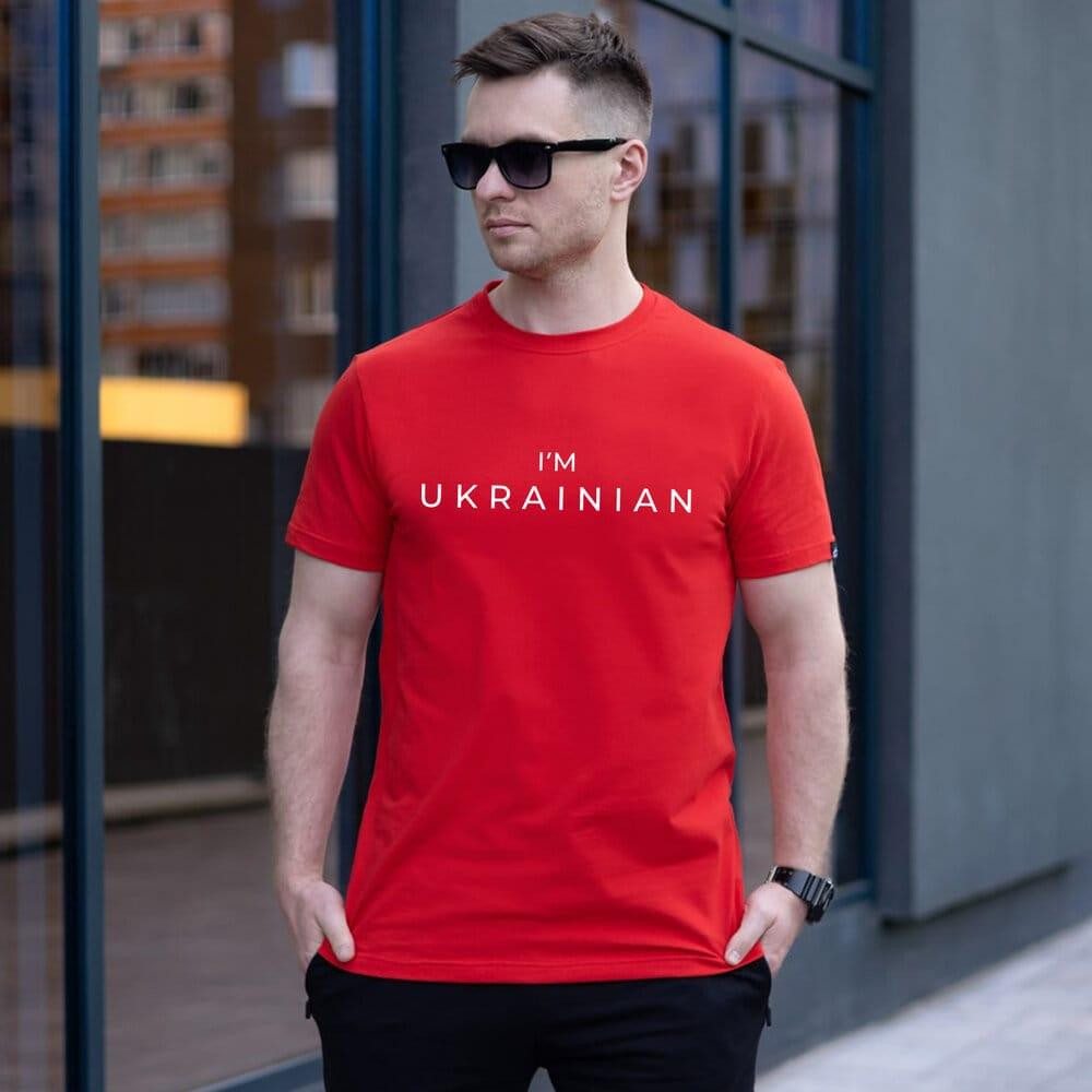 Футболка мужская однотонная красная Pobedov Peremoga - I'M UKRAINIAN наклейка біла Киев - изображение 1