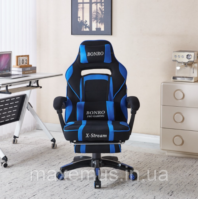 Компьютерное кресло для геймера из ткани с подставкой для ног и регулировкой спинки B-141 черно-синее Мостиска - изображение 5