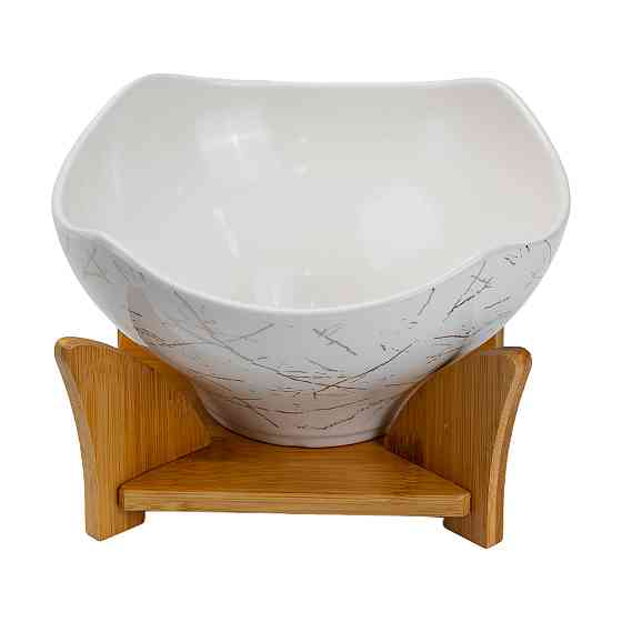 Yiwu Салатниця га бамбуковій підставці з виделкою і ложкою 22*22*14 см Білий Киев