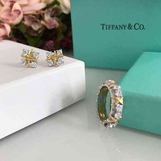 Tiffany Тіффані набір — кільце та сережки з хрестиками срібло 925, позолота/подарункове паковання Одеса