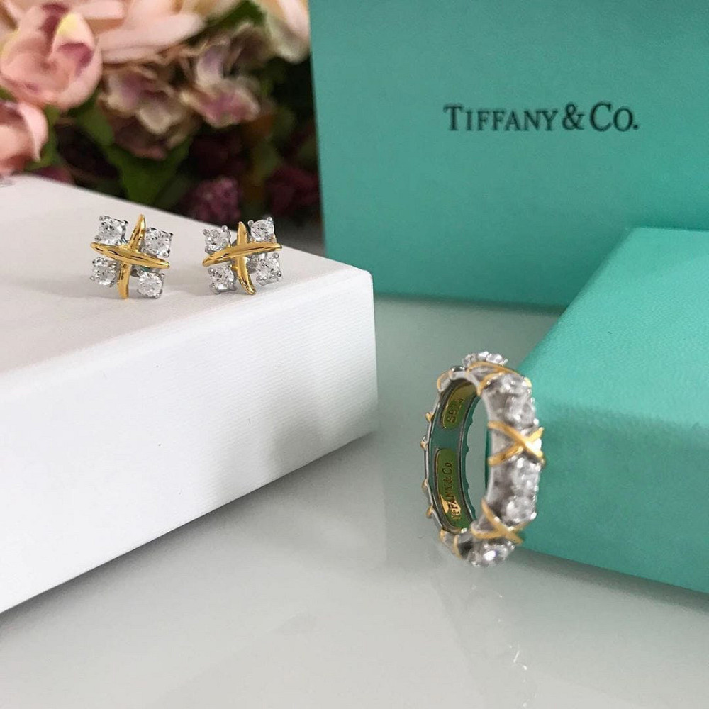 Tiffany Тіффані набір — кільце та сережки з хрестиками срібло 925, позолота/подарункове паковання Одеса - фото 5