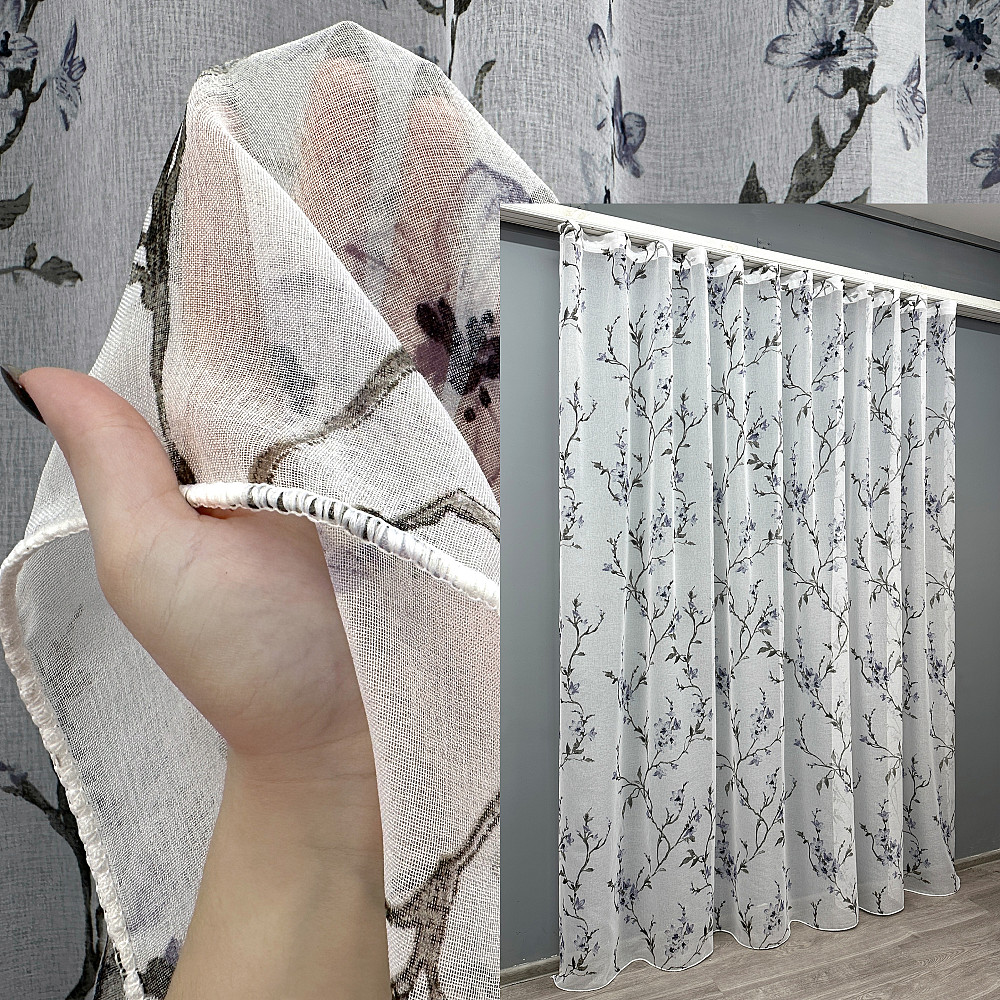 Тюль VR-Textil 1866т Flora Батист Белый с серо-синим 300х270 см (42-0820) Киев - изображение 1