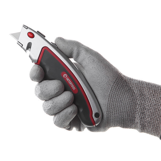 Ніж трапецієподібний, 60×19 мм, з висувним лезом, металевий корпус, прогумована рукоятка INTERTOOL HT-0516 Киев - изображение 10