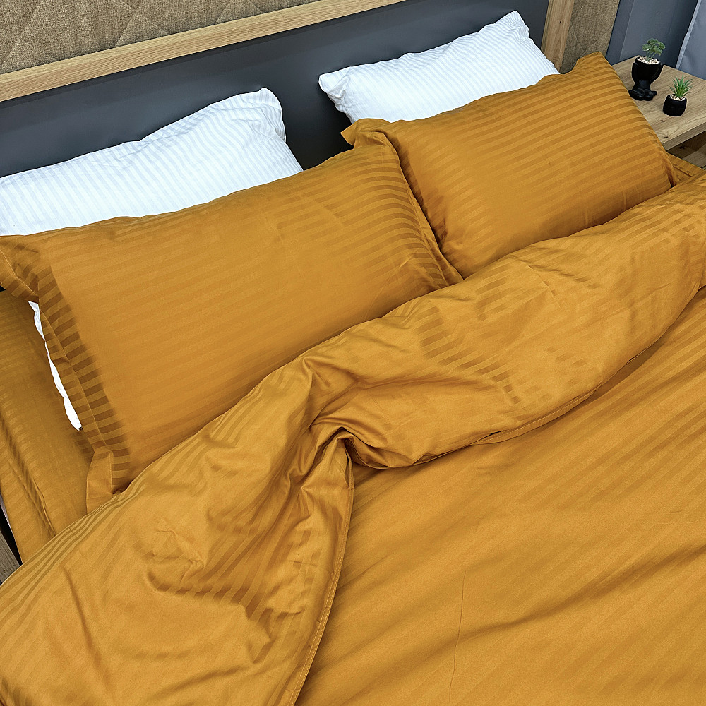 Комплект постільної білизни Страйп-сатин Євро 200х230 з простирадлом на резинці Гірчичний (88-182) Київ - фото 1