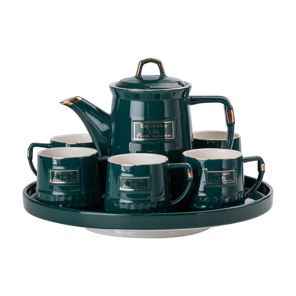 Чайний набір на 6 персон із заварювальним чайником та порцелянаовою підставкою Зелений HP-15-6 Київ - фото 1