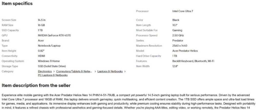 Ноутбук игровой acer 14.5 Rtx4070 16/1tb Ultra 7 Киев - изображение 1