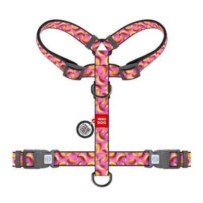 Шлея для собак WAUDOG Nylon анатомічна H-подібна з QR-паспортом "Банани на рожевому" пластиковий фастекс, M (344-4055) Вінниця