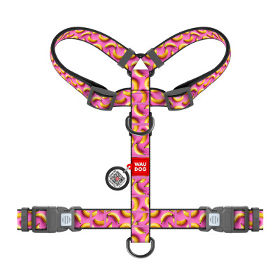 Шлея для собак WAUDOG Nylon анатомічна H-подібна з QR-паспортом "Банани на рожевому" пластиковий фастекс, M (344-4055) Вінниця - фото 2