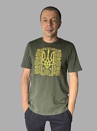 Мужская футболка вышиванка хаки с Тризубом в орнаменте 3XL Киев