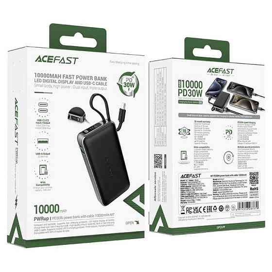Зовнішній акумулятор ACEFAST M7 PD30W power bank with cable 10000mAh, Black Київ