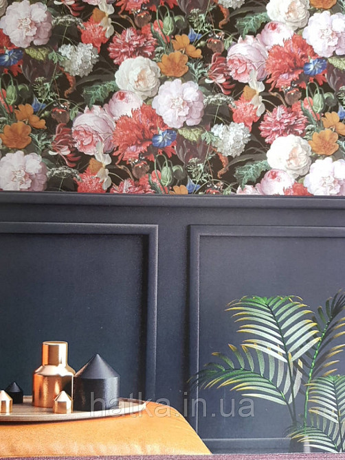 Шпалери флізелінові еко Decoprint Essentials EE22539 квіти яскраві великі різного кольору на чорному фоні Київ - фото 1