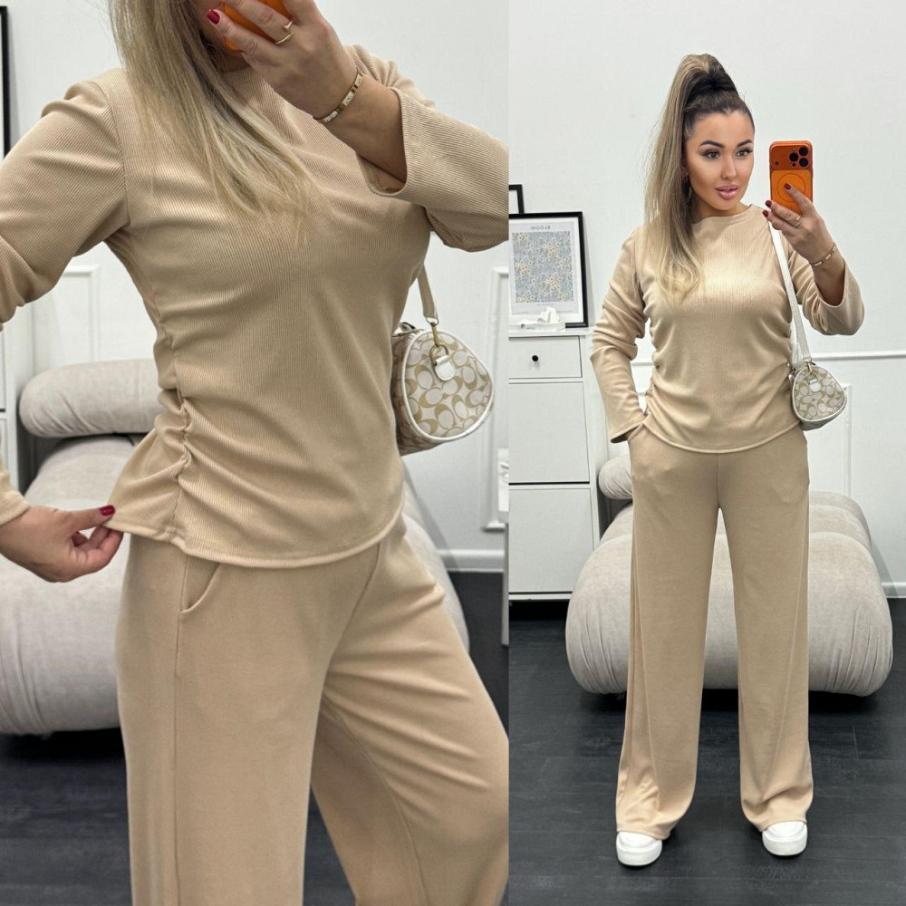 Жіночий базовий костюм-двійка: лонгслів і штани трикотажний рубчик Кремовий, 42/44 Одеса - фото 9