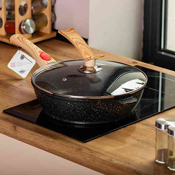 Глибока алюмінієва сковорода з кришкою Ø28 см чорна Київ