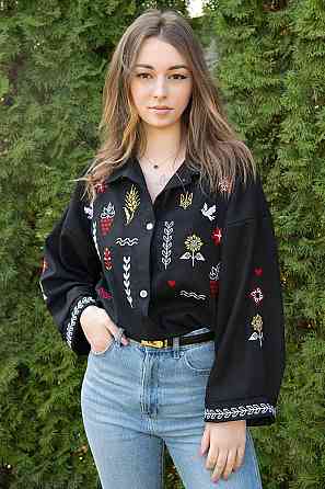 Жіноча сорочка з вишивкою, вишиванка з довгим рукавом лляна чорна топ Київ